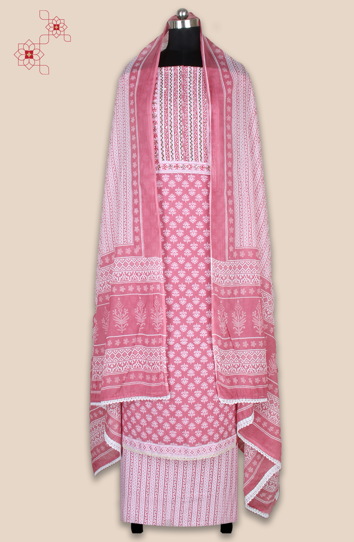 Mauve Cotton Printed Unstitched Kantha Work Salwar Suit Fabric - 983-5010-7B