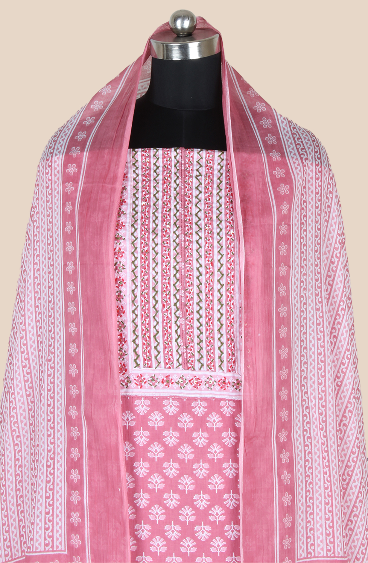 Mauve Cotton Printed Unstitched Kantha Work Salwar Suit Fabric - 983-5010-7B