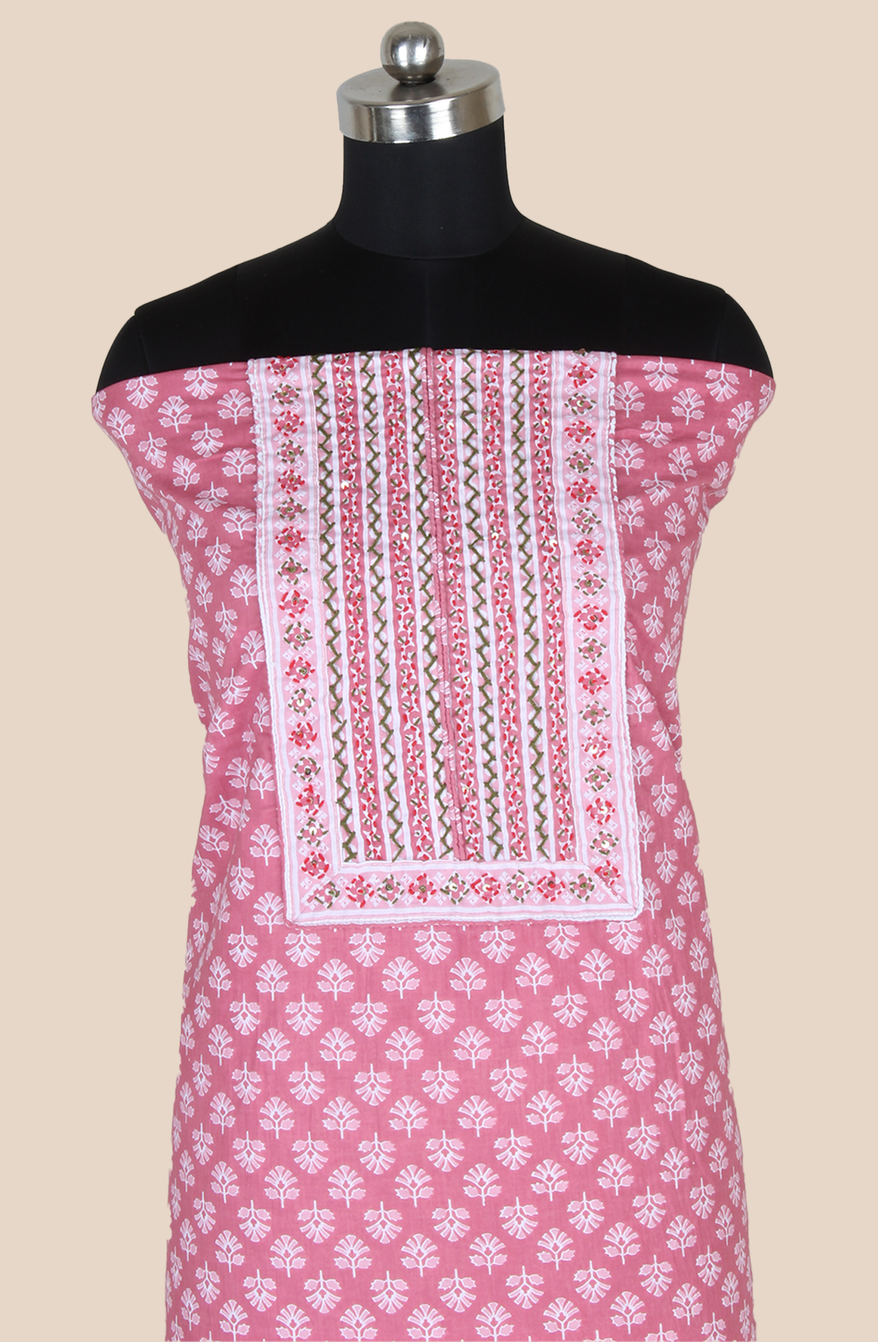 Mauve Cotton Printed Unstitched Kantha Work Salwar Suit Fabric - 983-5010-7B