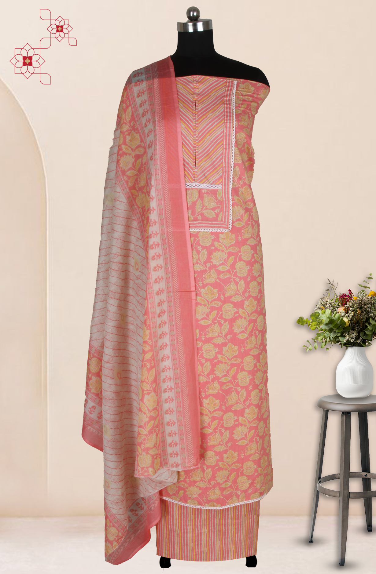 Pink Cotton Printed Unstitched Suit Fabric with Dupatta - 983-5014