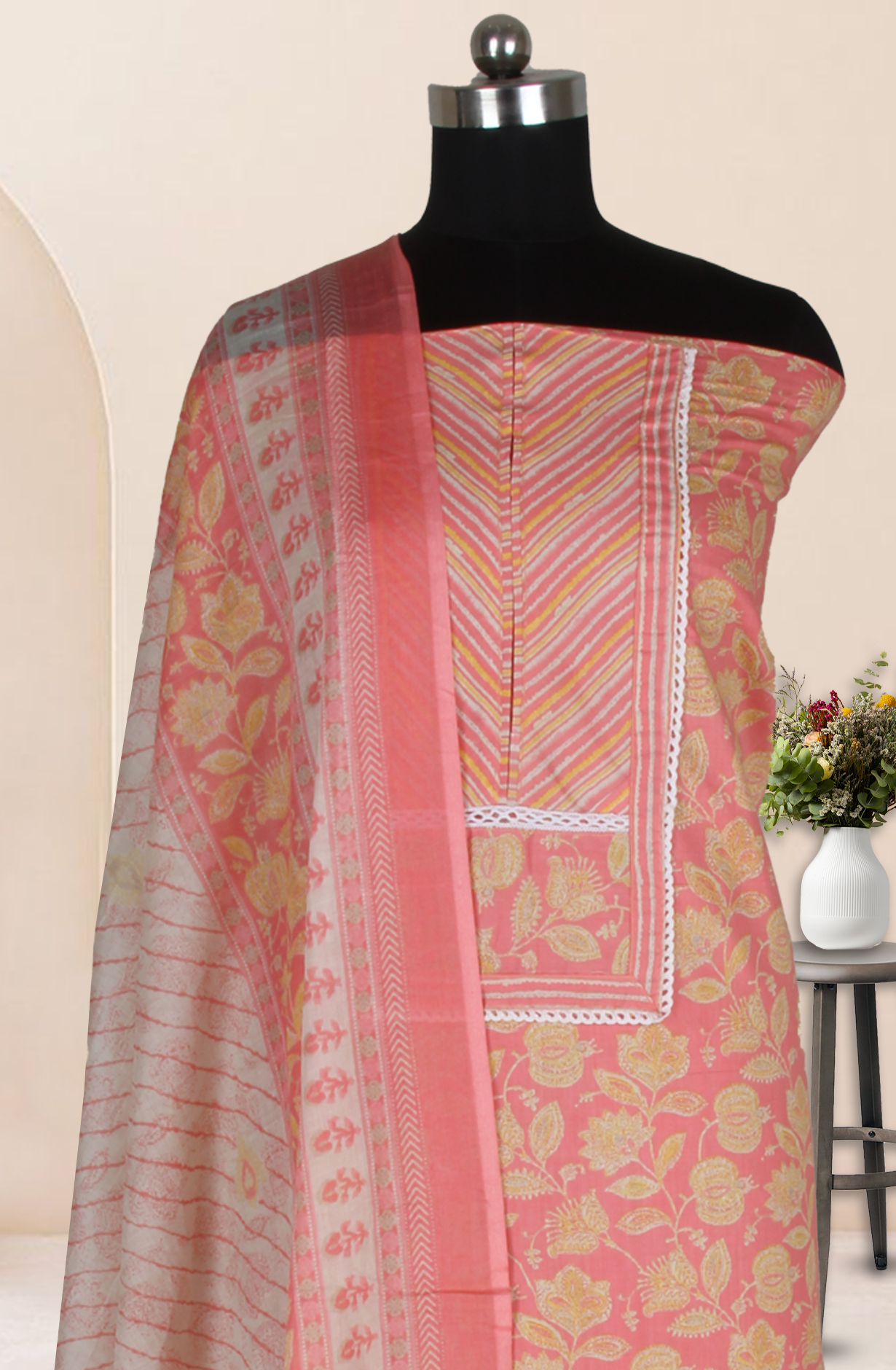 Pink Cotton Printed Unstitched Suit Fabric with Dupatta - 983-5014