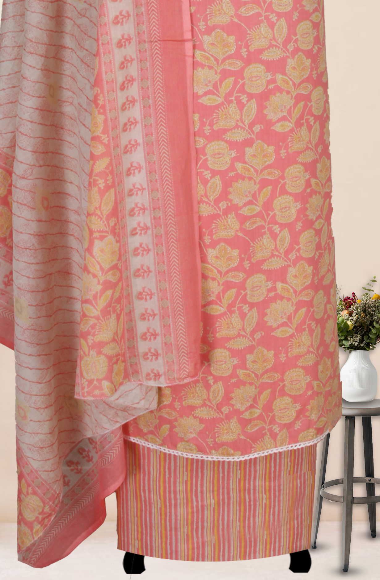 Pink Cotton Printed Unstitched Suit Fabric with Dupatta - 983-5014