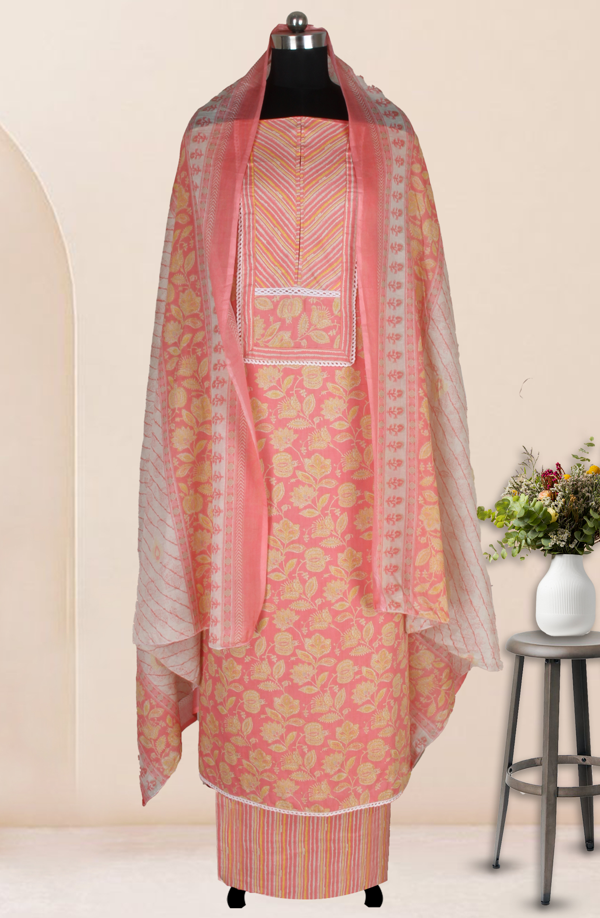 Pink Cotton Printed Unstitched Suit Fabric with Dupatta - 983-5014