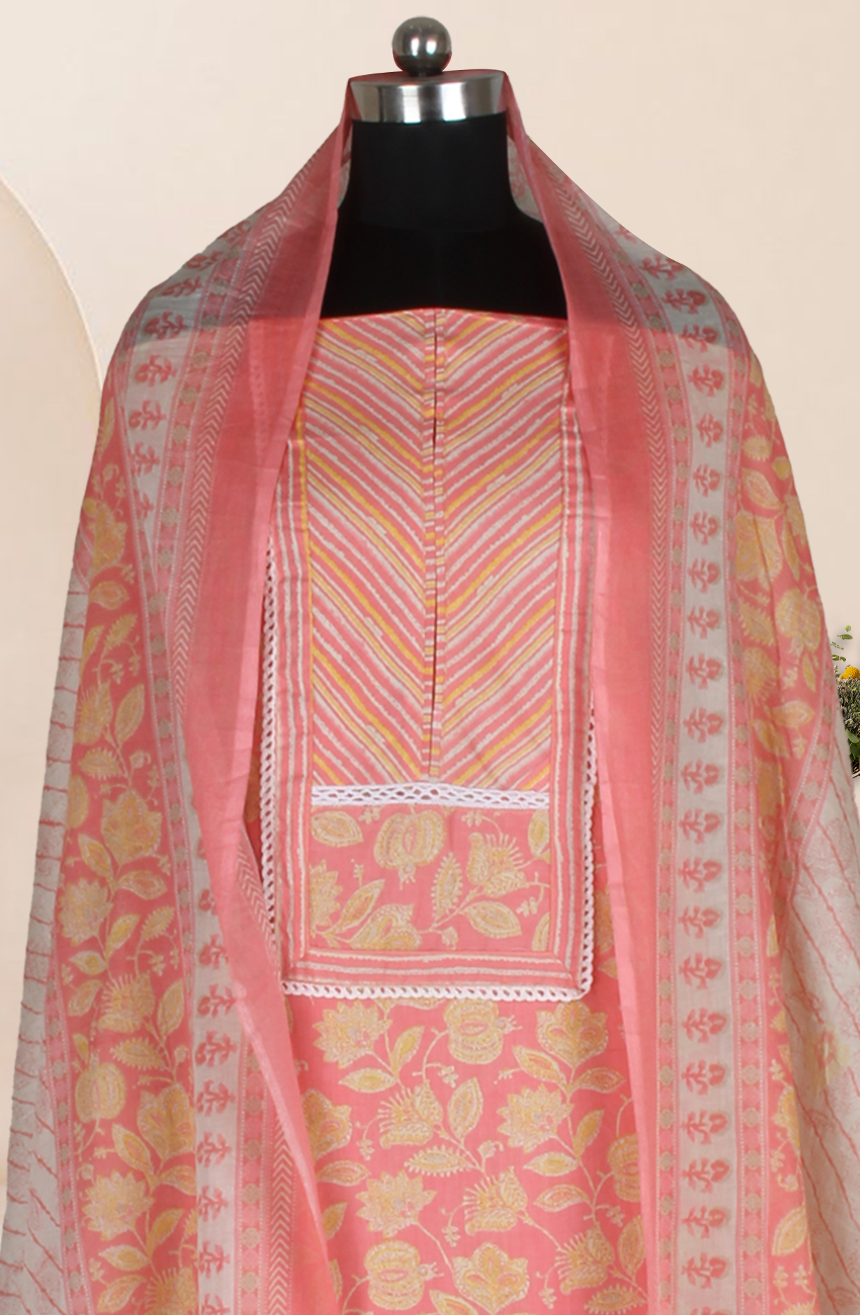 Pink Cotton Printed Unstitched Suit Fabric with Dupatta - 983-5014