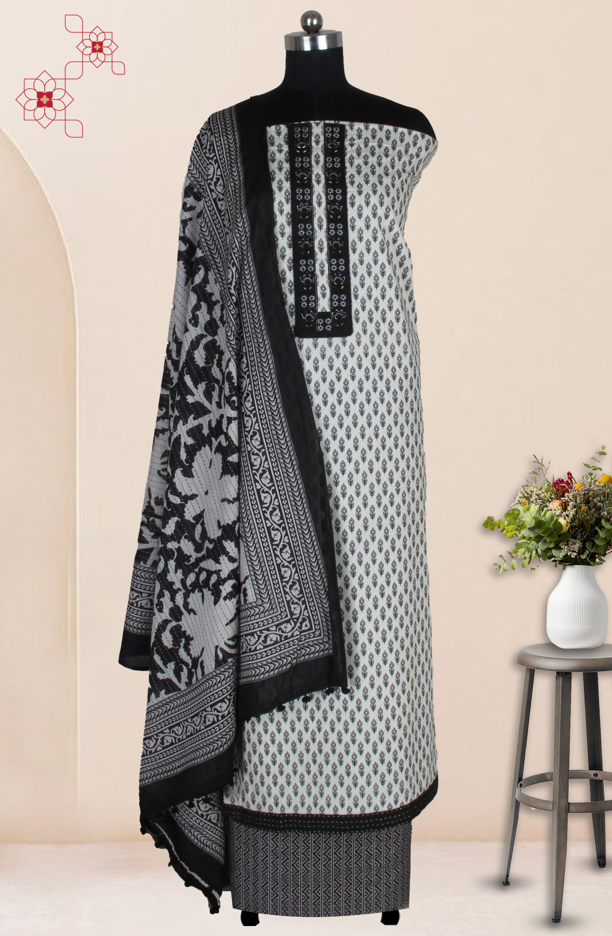 Black and Off-white Cotton Printed Unstitched Suit Fabric with Dupatta - 983-5017-2A