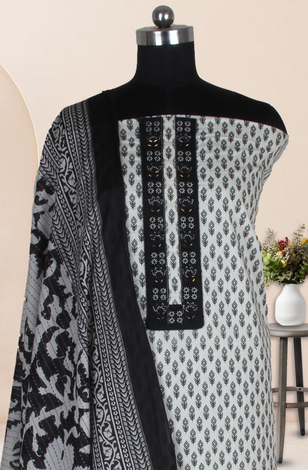 Black and Off-white Cotton Printed Unstitched Suit Fabric with Dupatta - 983-5017-2A