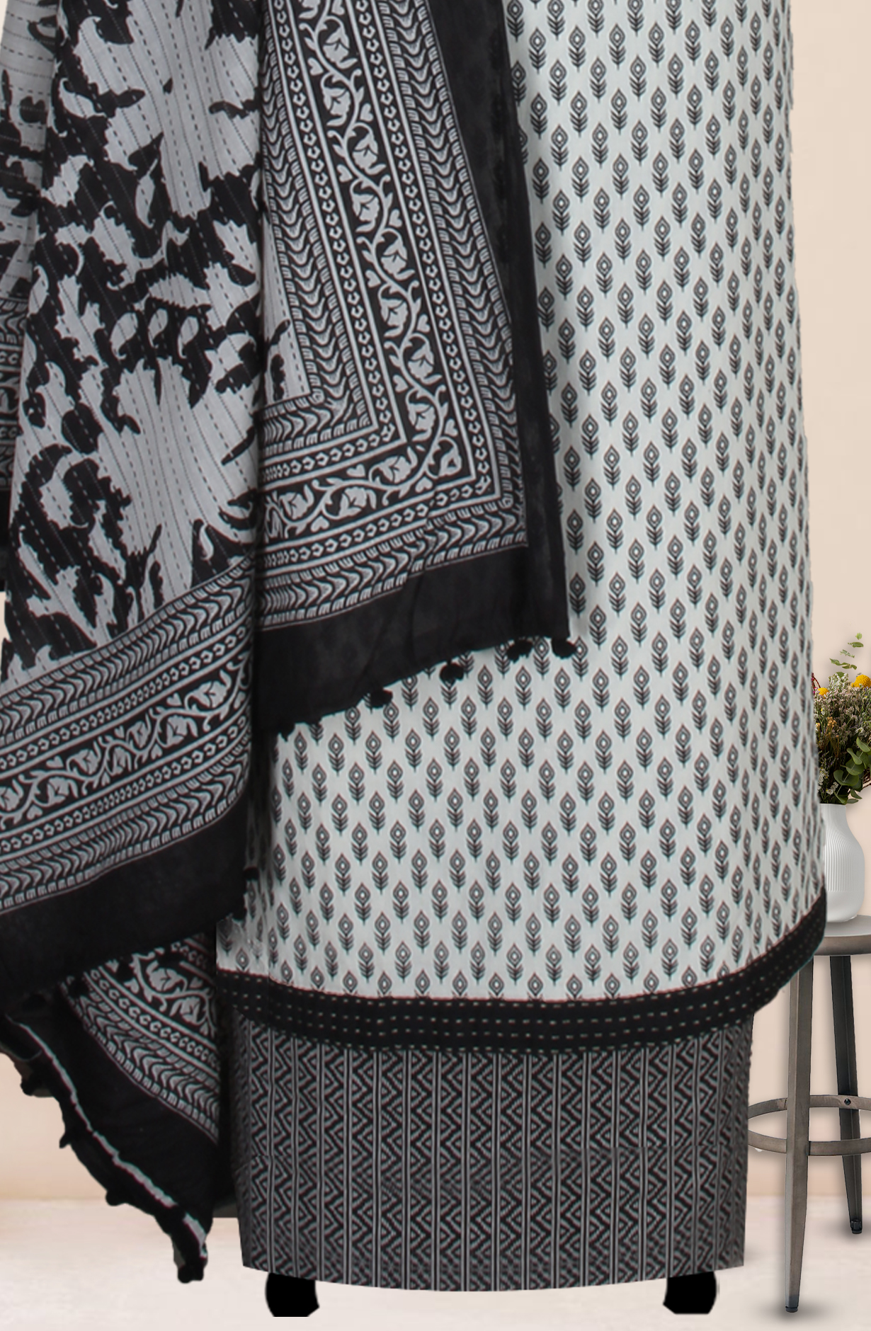 Black and Off-white Cotton Printed Unstitched Suit Fabric with Dupatta - 983-5017-2A