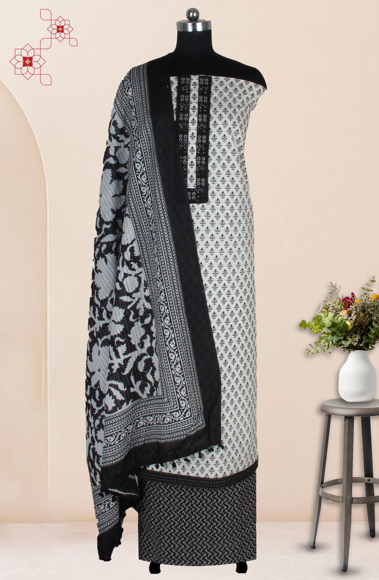 Black and Off-white Cotton Printed Salwar Suit Fabric with Dupatta - 983-5017