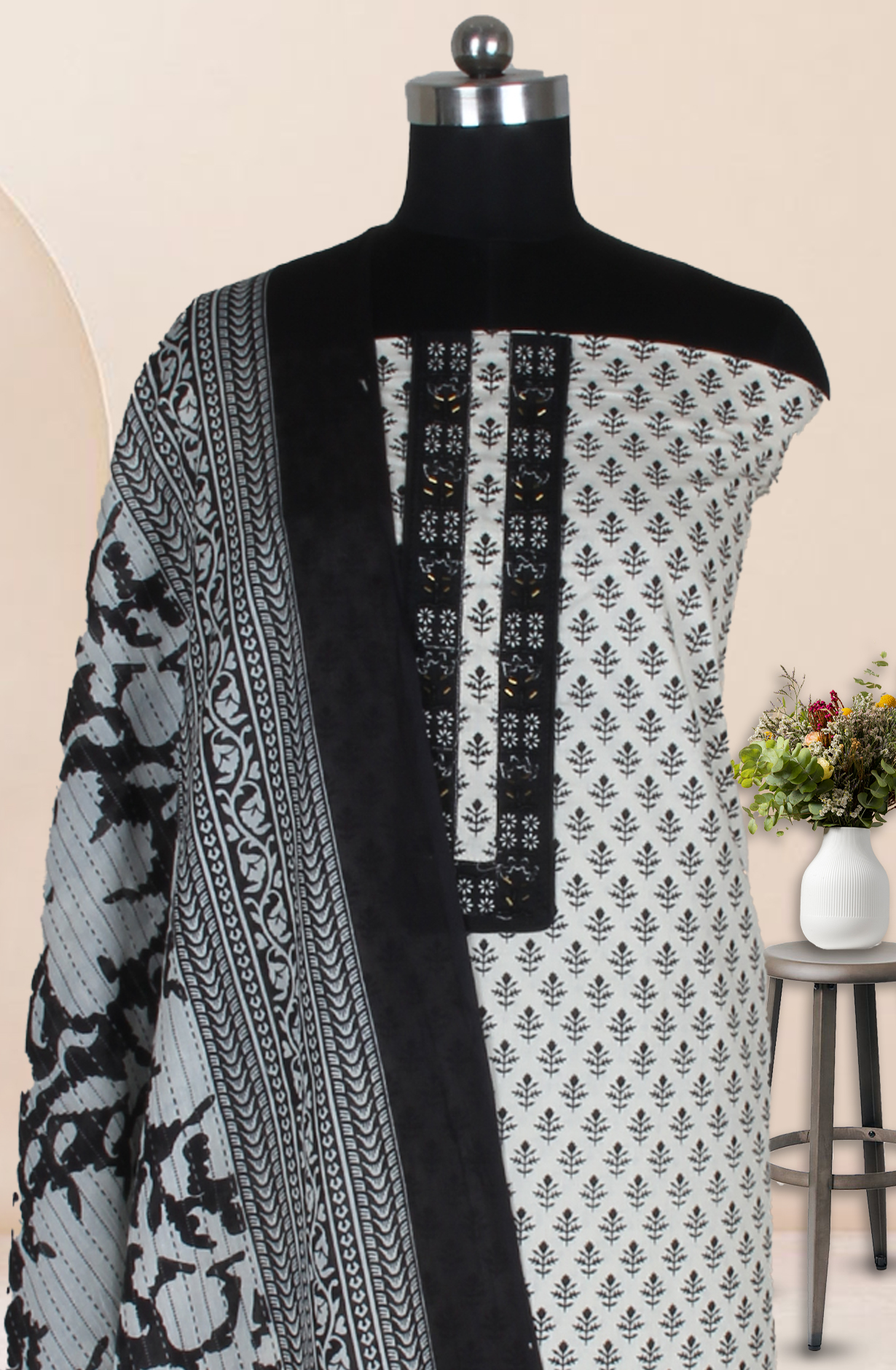 Black and Off-white Cotton Printed Salwar Suit Fabric with Dupatta - 983-5017