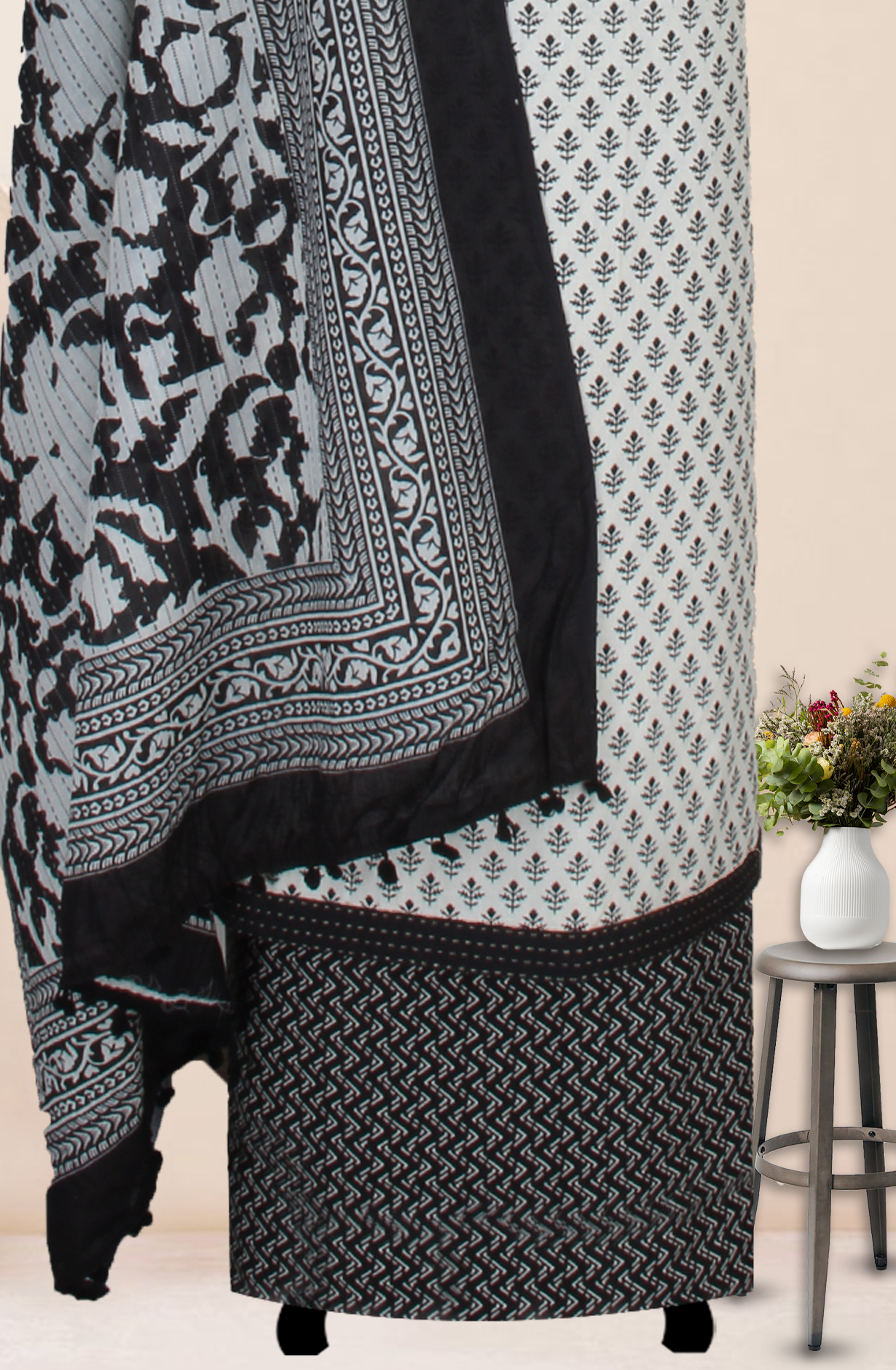 Black and Off-white Cotton Printed Salwar Suit Fabric with Dupatta - 983-5017