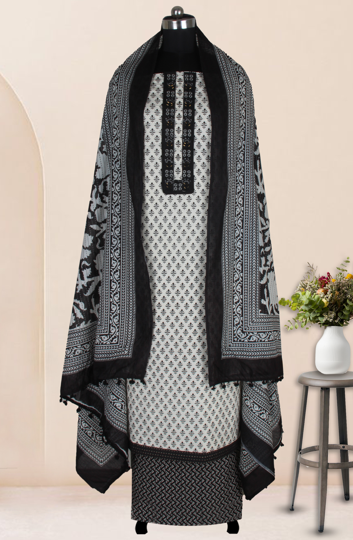 Black and Off-white Cotton Printed Salwar Suit Fabric with Dupatta - 983-5017
