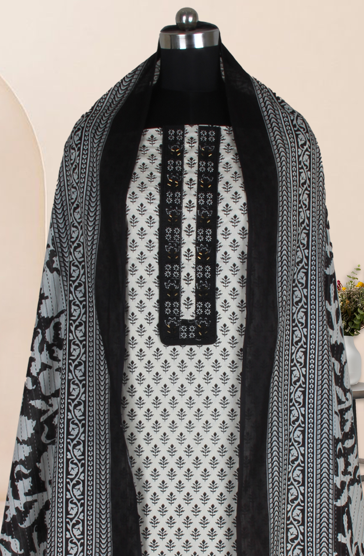 Black and Off-white Cotton Printed Salwar Suit Fabric with Dupatta - 983-5017