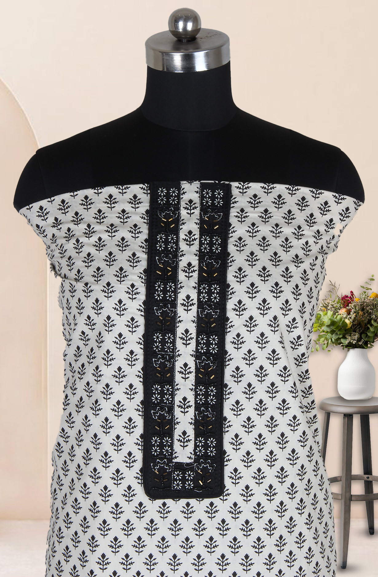 Black and Off-white Cotton Printed Salwar Suit Fabric with Dupatta - 983-5017