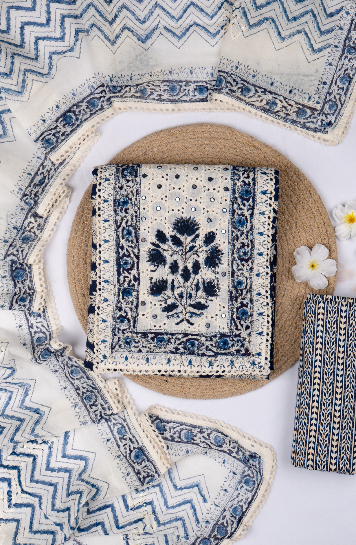 Blue Cotton Printed Suit- Set with Cotton Dupatta - 983-5019-32B