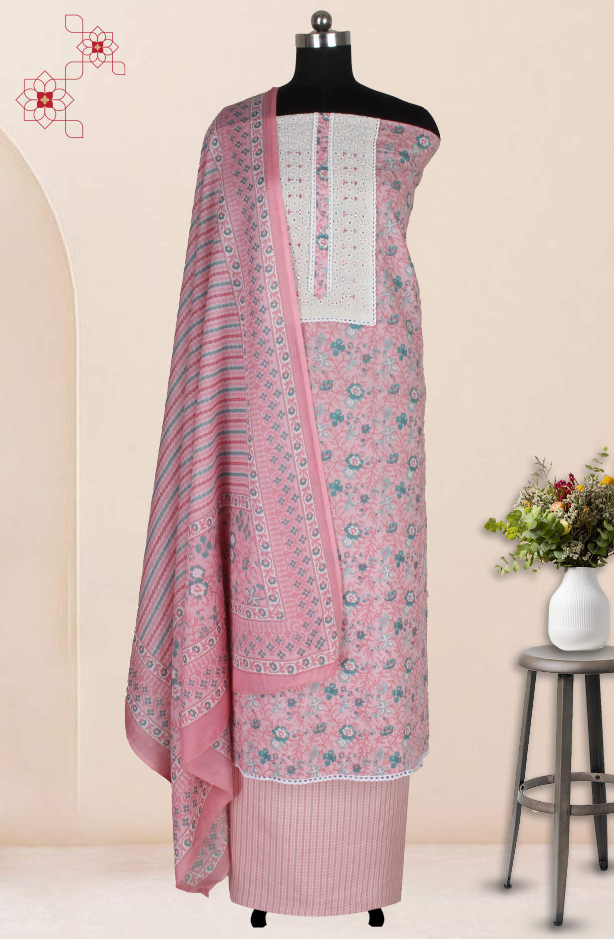 Pink Cotton Printed Salwar Suit Fabric with Dupatta - 983-5026