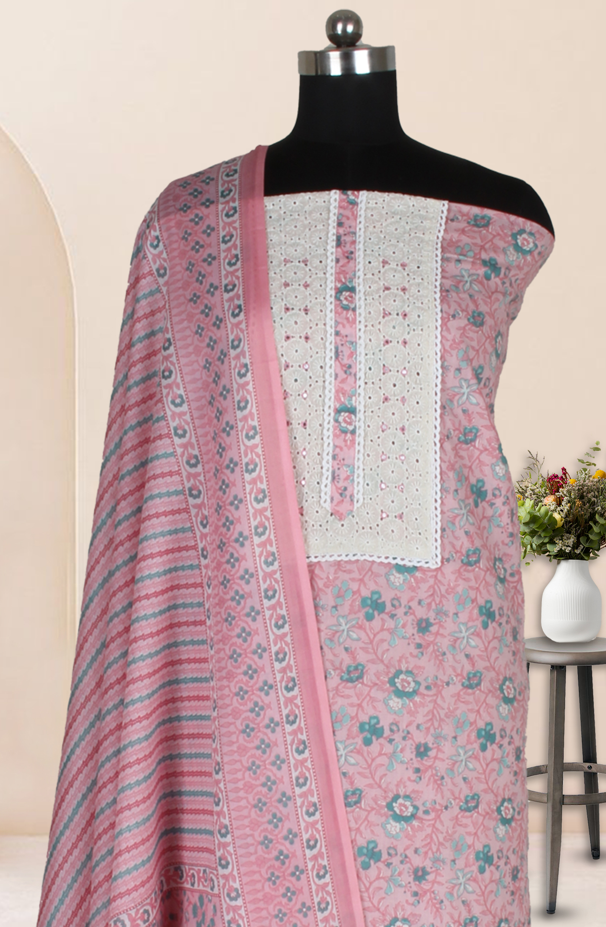 Pink Cotton Printed Salwar Suit Fabric with Dupatta - 983-5026