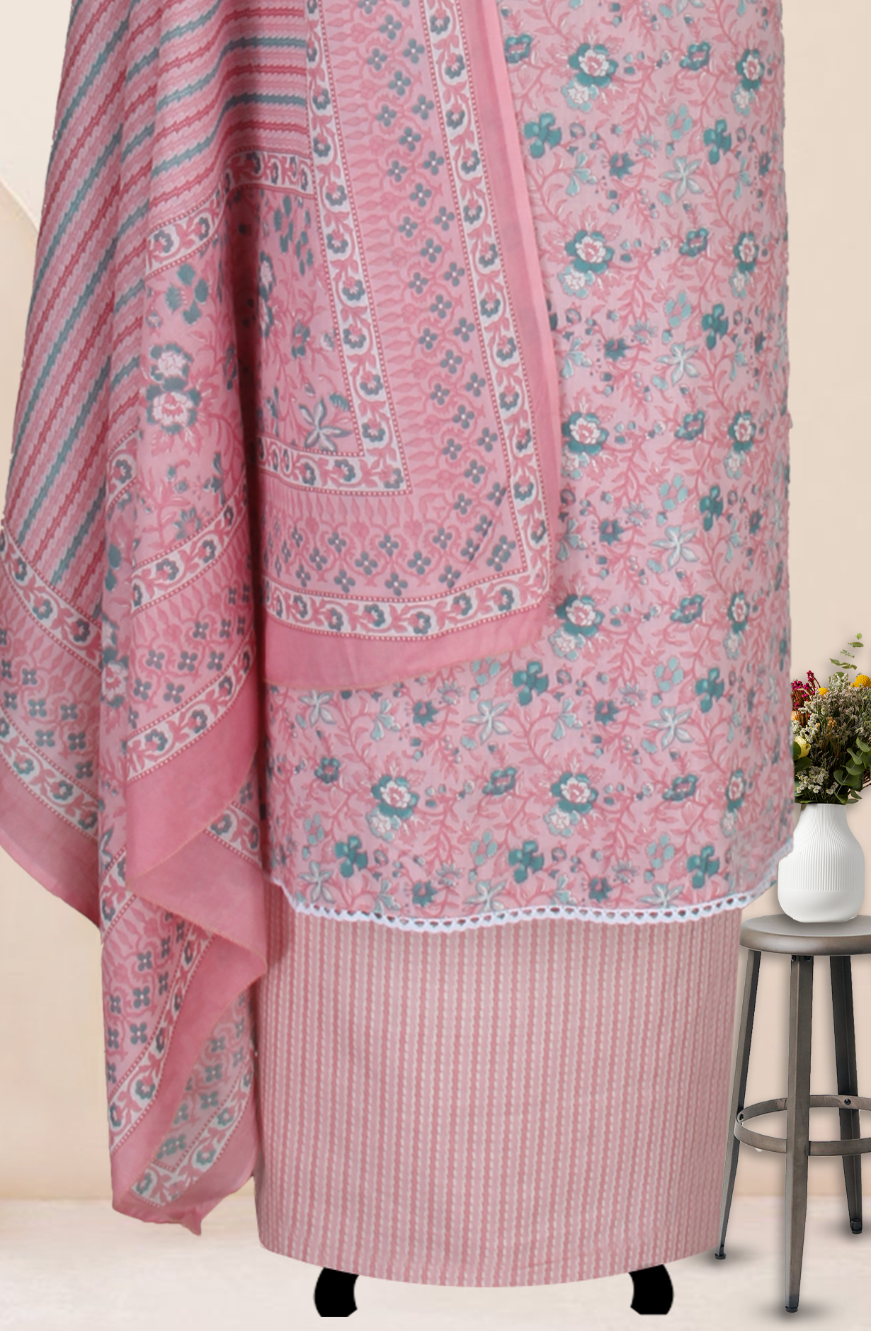 Pink Cotton Printed Salwar Suit Fabric with Dupatta - 983-5026