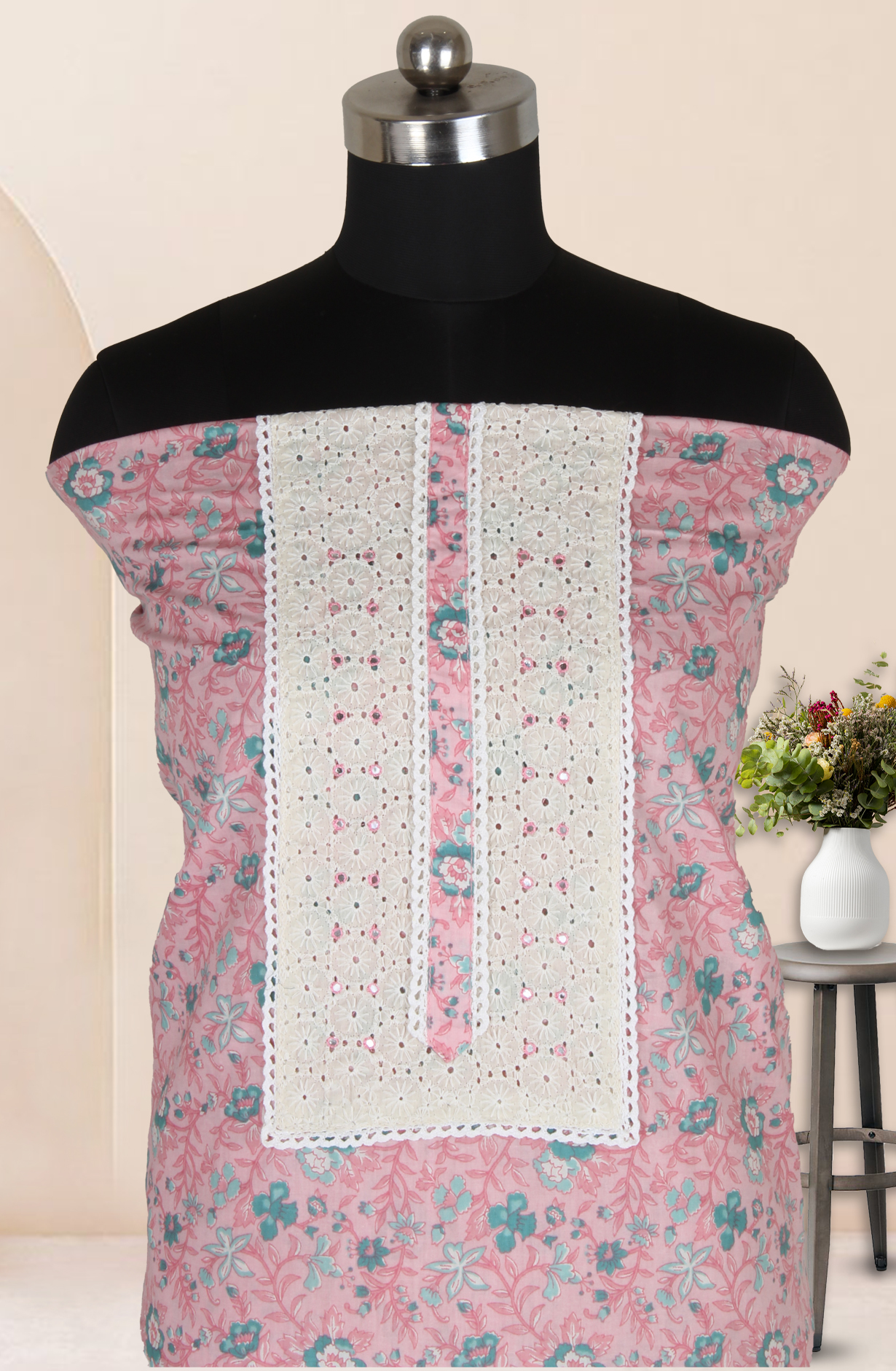 Pink Cotton Printed Salwar Suit Fabric with Dupatta - 983-5026