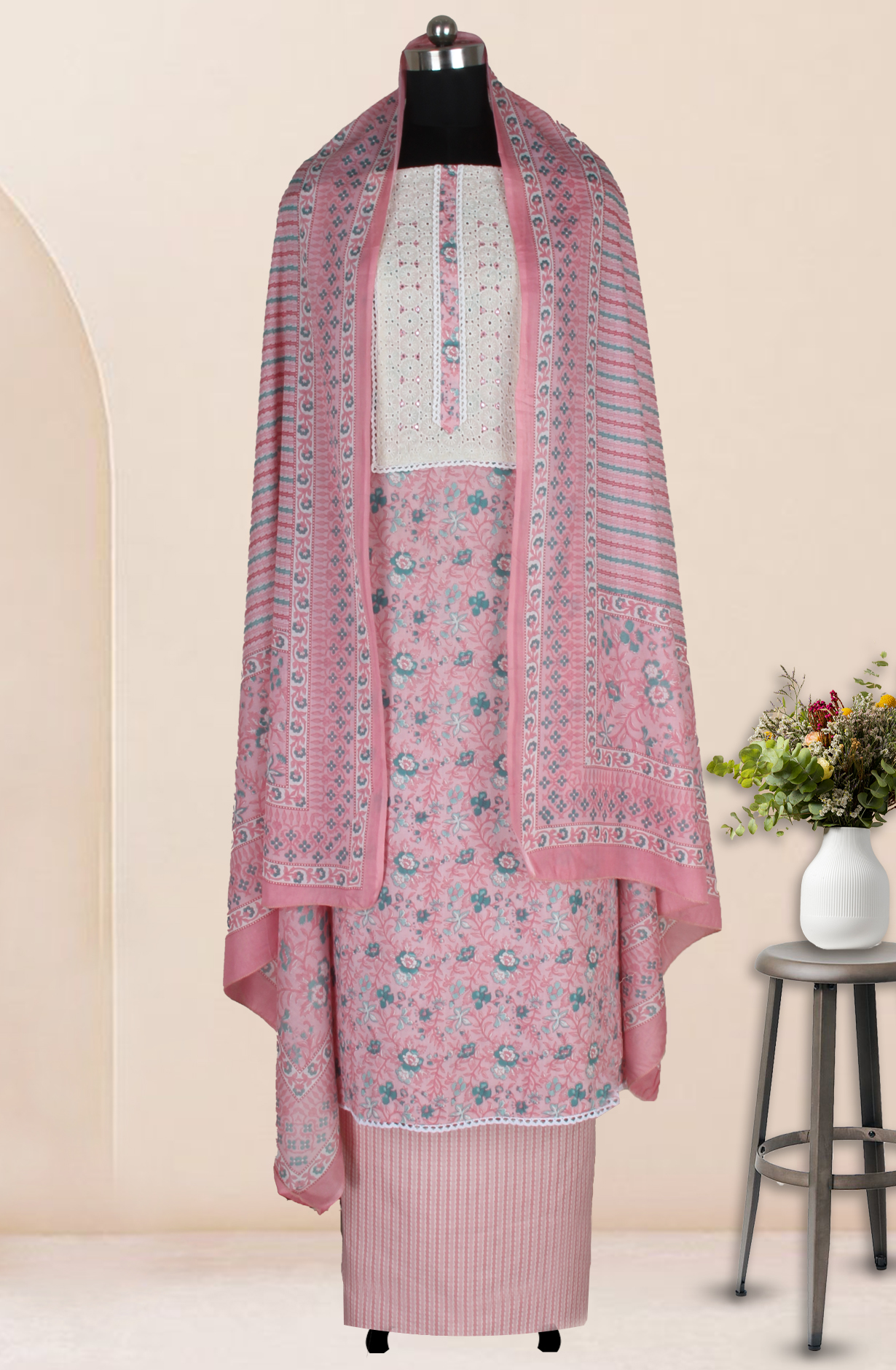 Pink Cotton Printed Salwar Suit Fabric with Dupatta - 983-5026