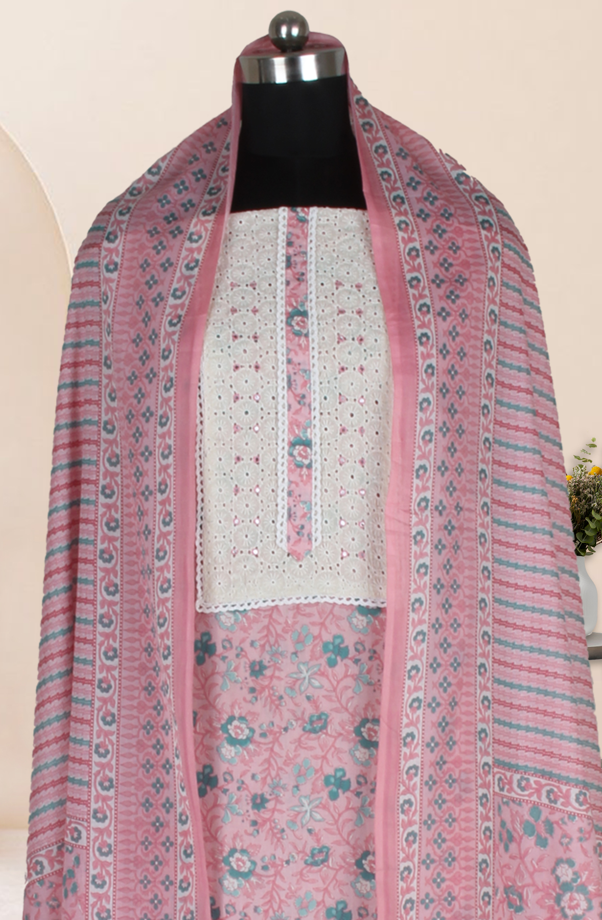 Pink Cotton Printed Salwar Suit Fabric with Dupatta - 983-5026