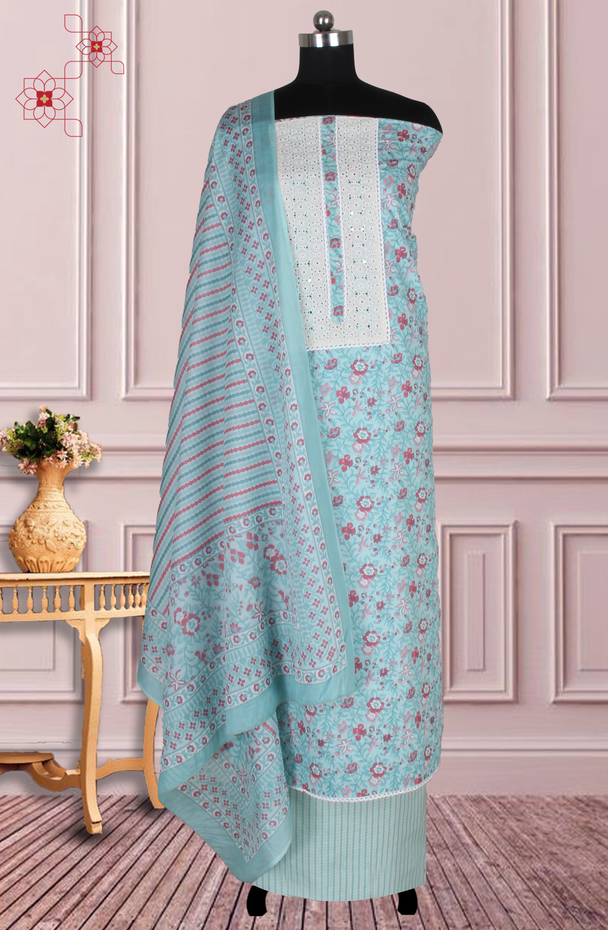 Turquoise Cotton Printed Salwar Suit Fabric with Dupatta - 983-5026B