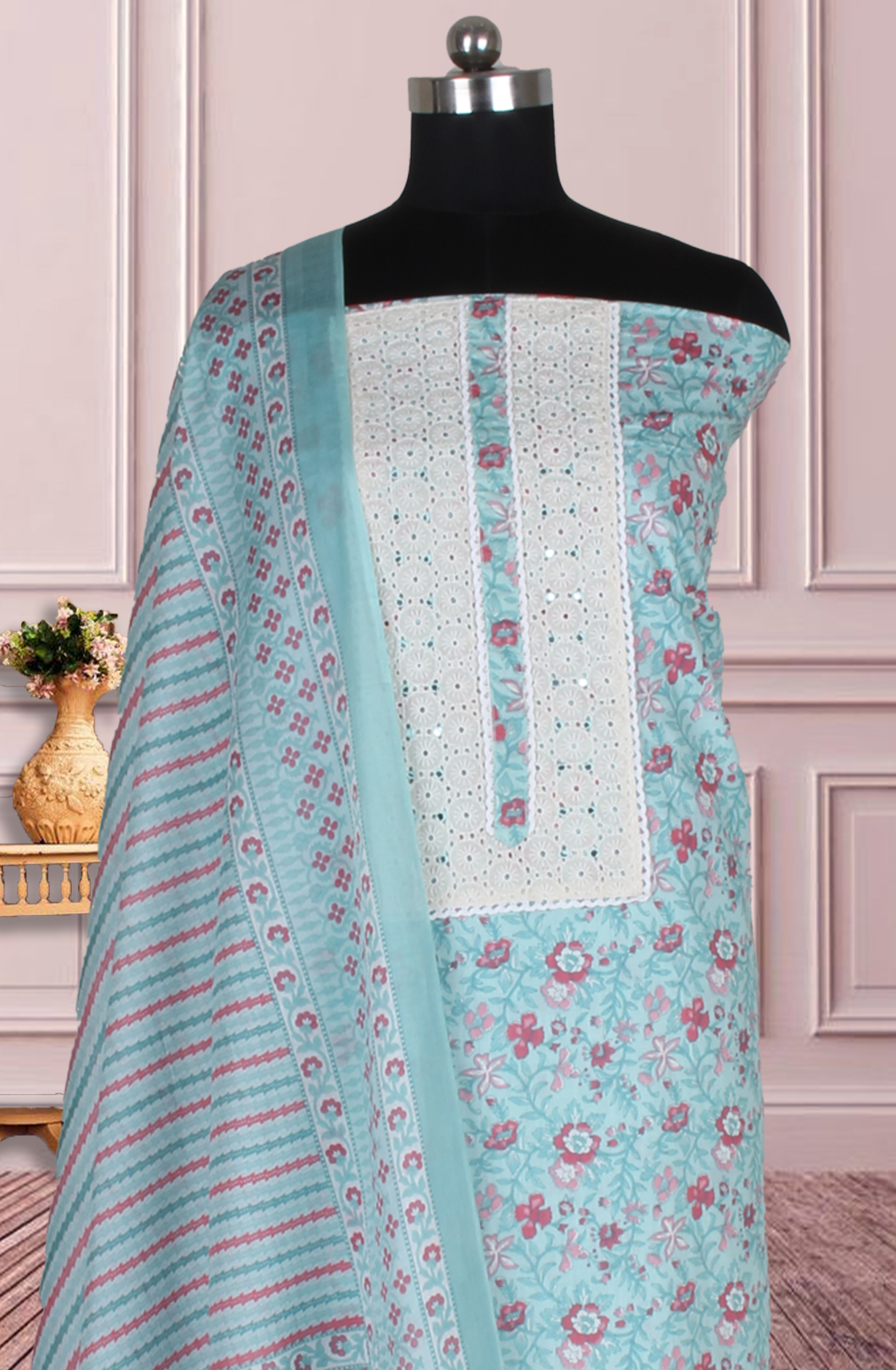 Turquoise Cotton Printed Salwar Suit Fabric with Dupatta - 983-5026B