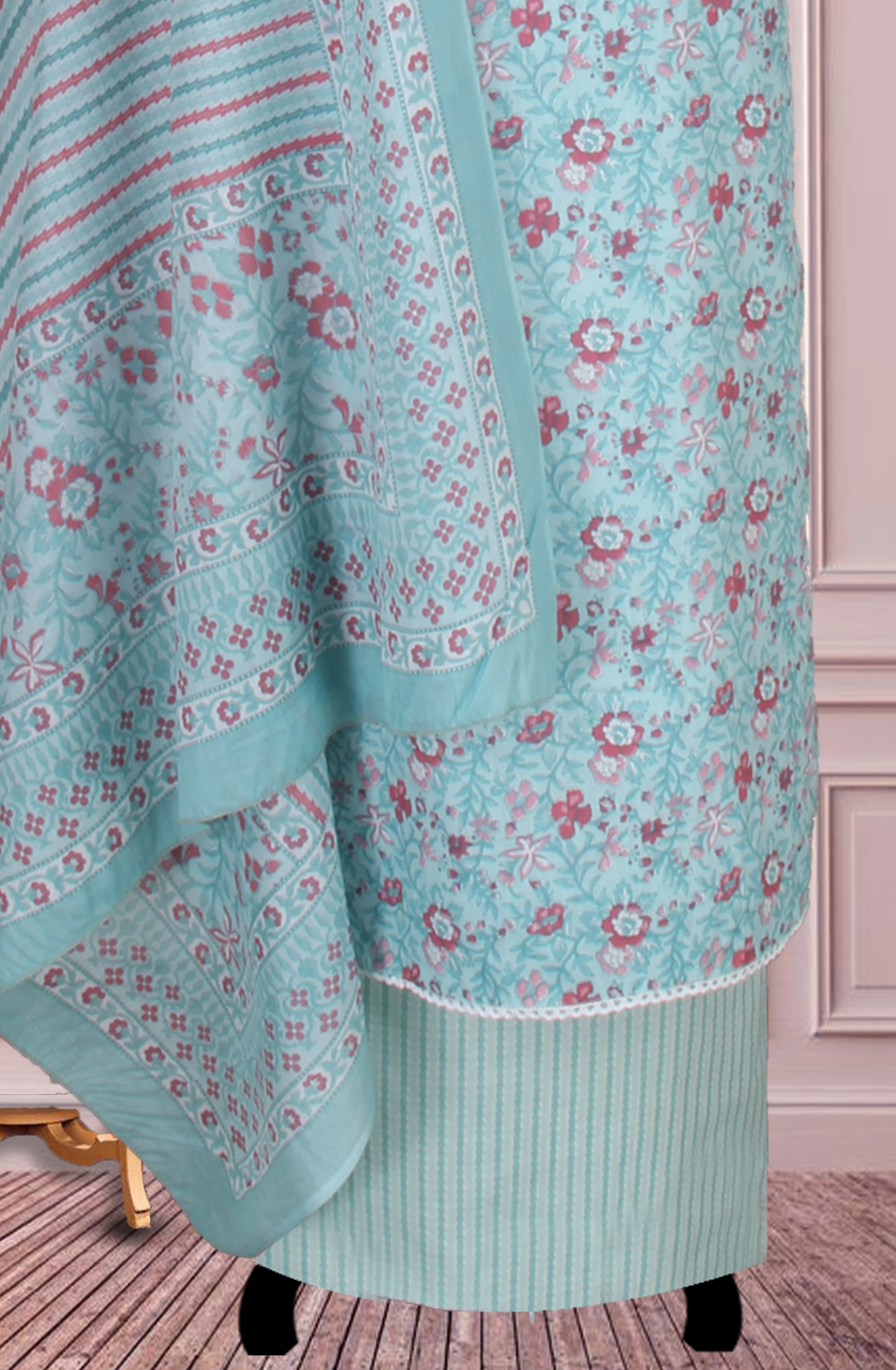 Turquoise Cotton Printed Salwar Suit Fabric with Dupatta - 983-5026B