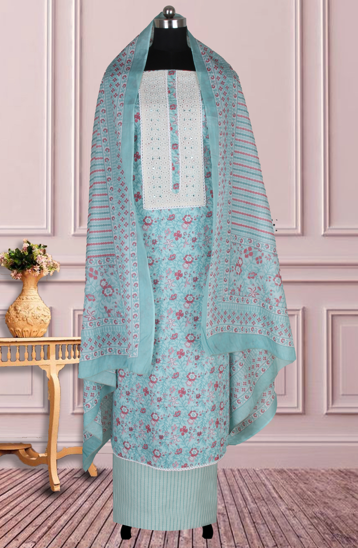 Turquoise Cotton Printed Salwar Suit Fabric with Dupatta - 983-5026B