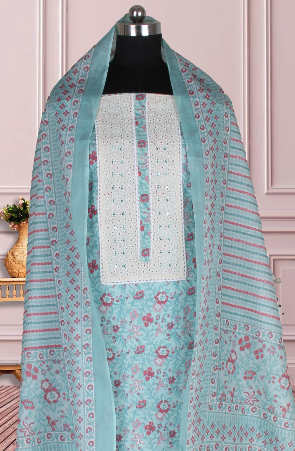 Turquoise Cotton Printed Salwar Suit Fabric with Dupatta - 983-5026B