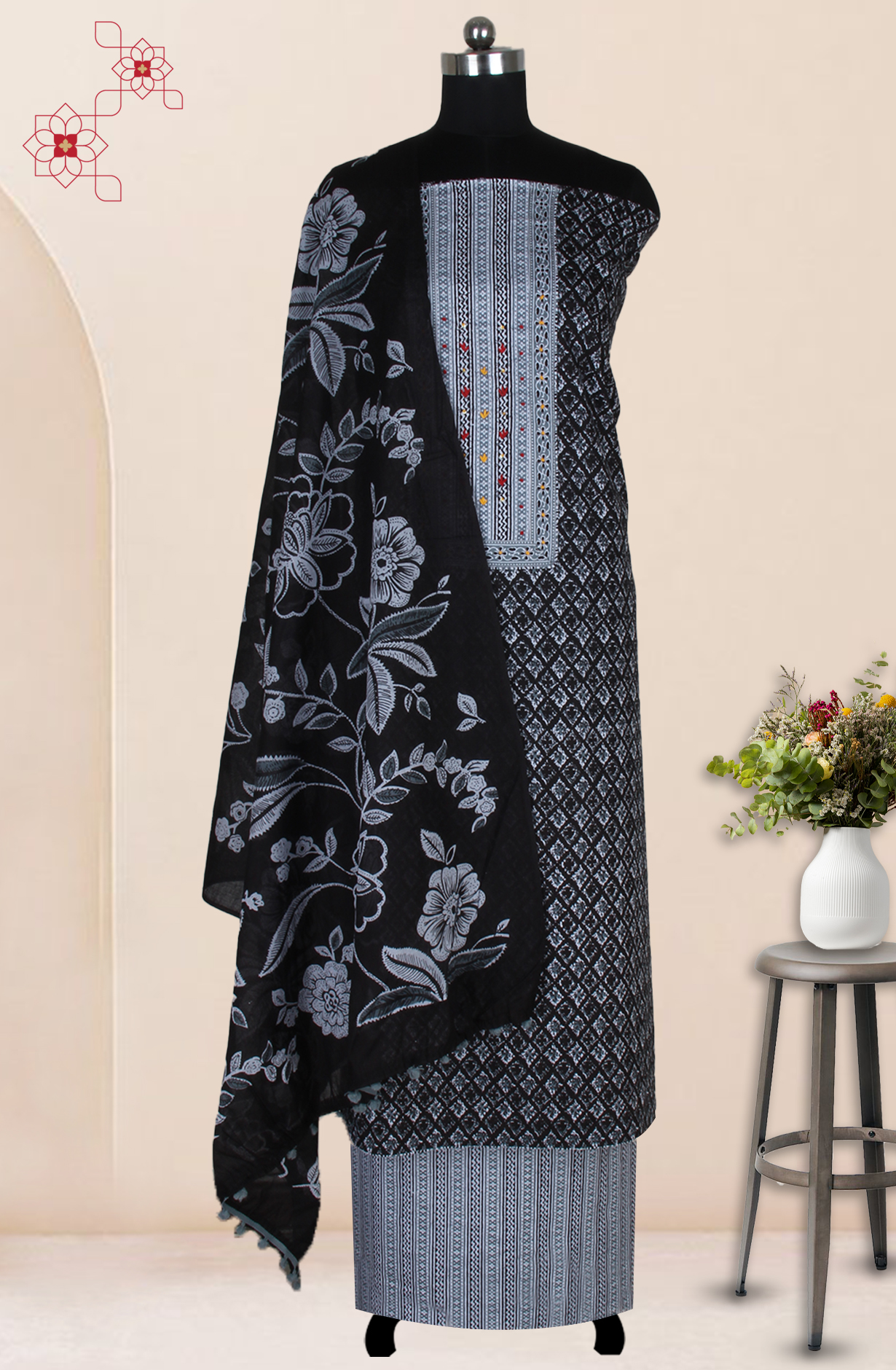 Black Cotton Printed Salwar Suit Fabric with Dupatta - 983-5047
