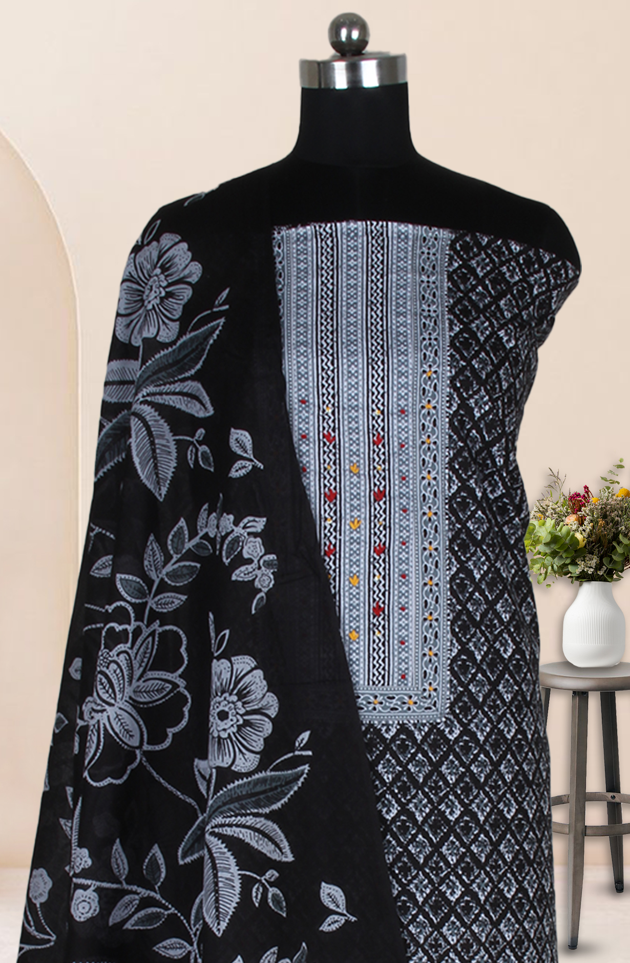 Black Cotton Printed Salwar Suit Fabric with Dupatta - 983-5047