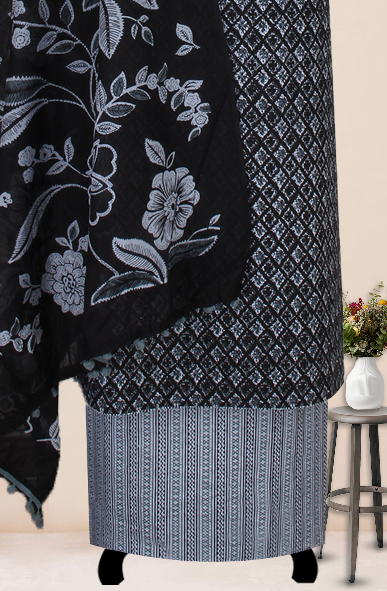 Black Cotton Printed Salwar Suit Fabric with Dupatta - 983-5047