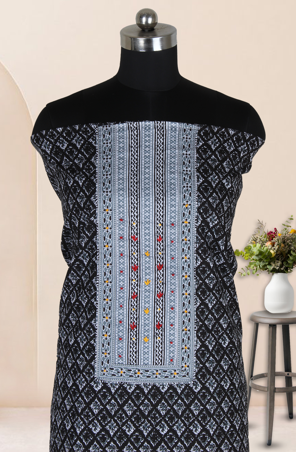 Black Cotton Printed Salwar Suit Fabric with Dupatta - 983-5047