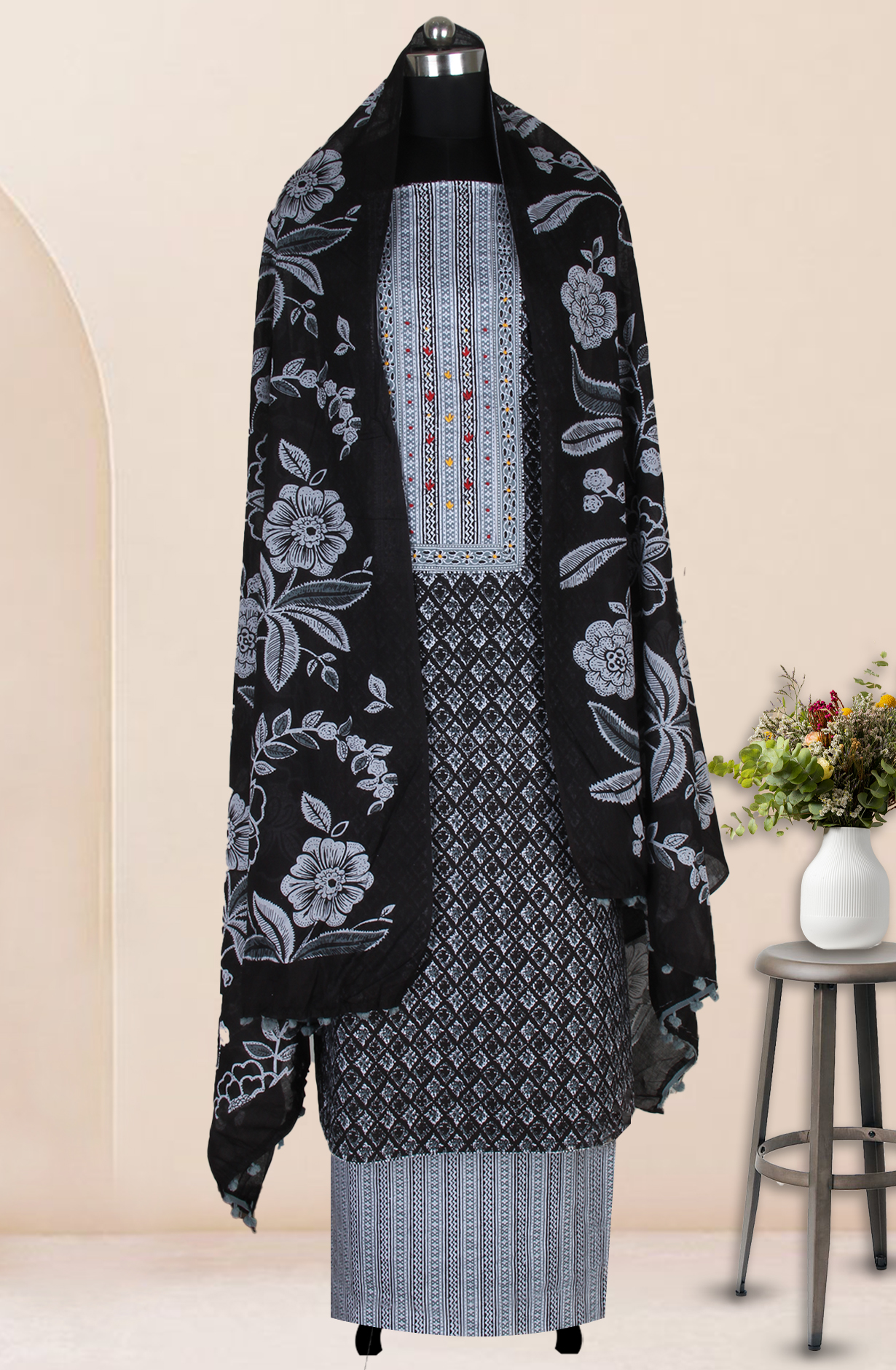 Black Cotton Printed Salwar Suit Fabric with Dupatta - 983-5047