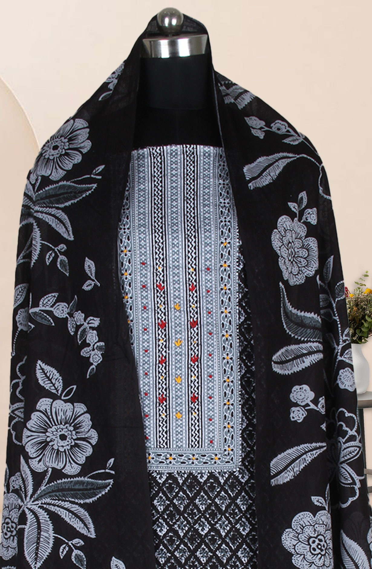 Black Cotton Printed Salwar Suit Fabric with Dupatta - 983-5047