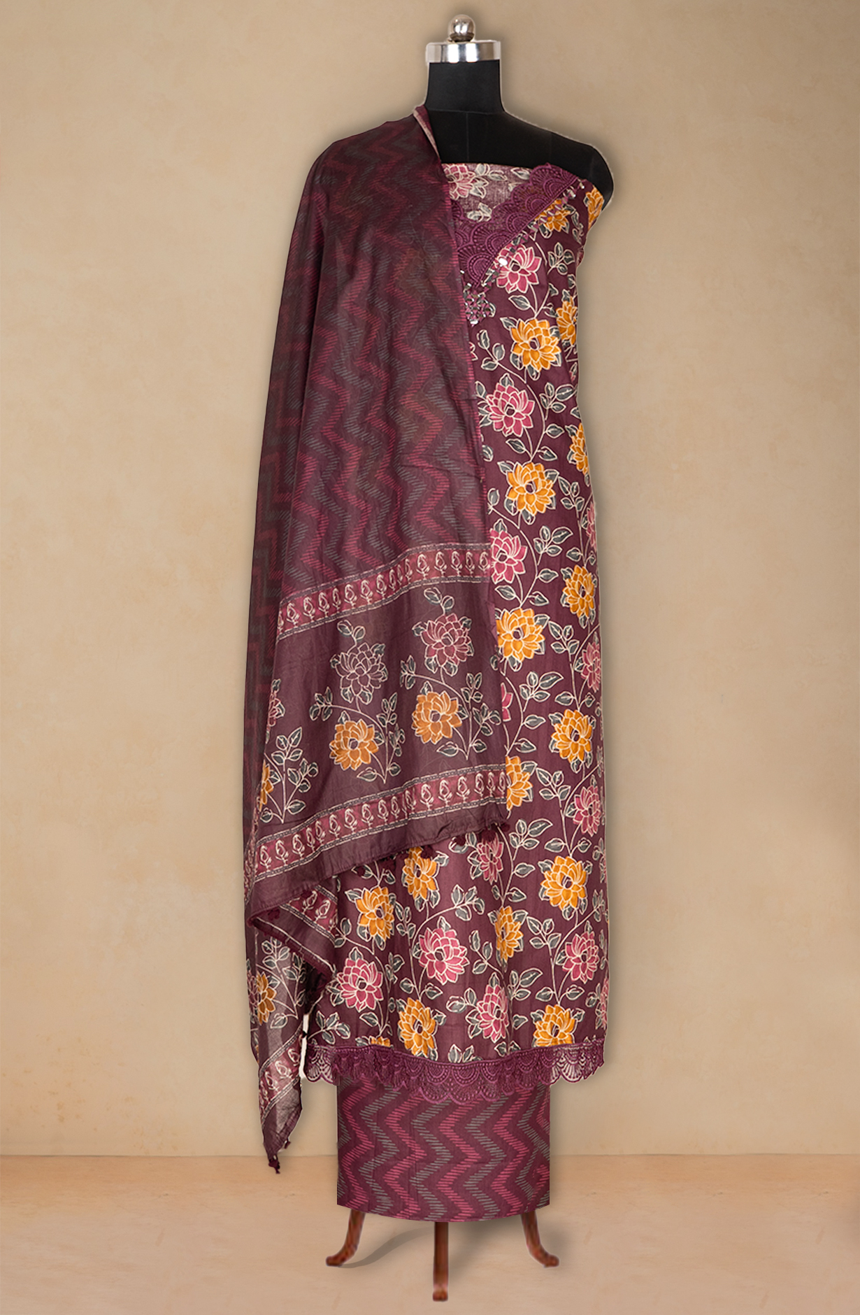 Wine Cotton Printed Suit with Dupatta - 983-5052-5A