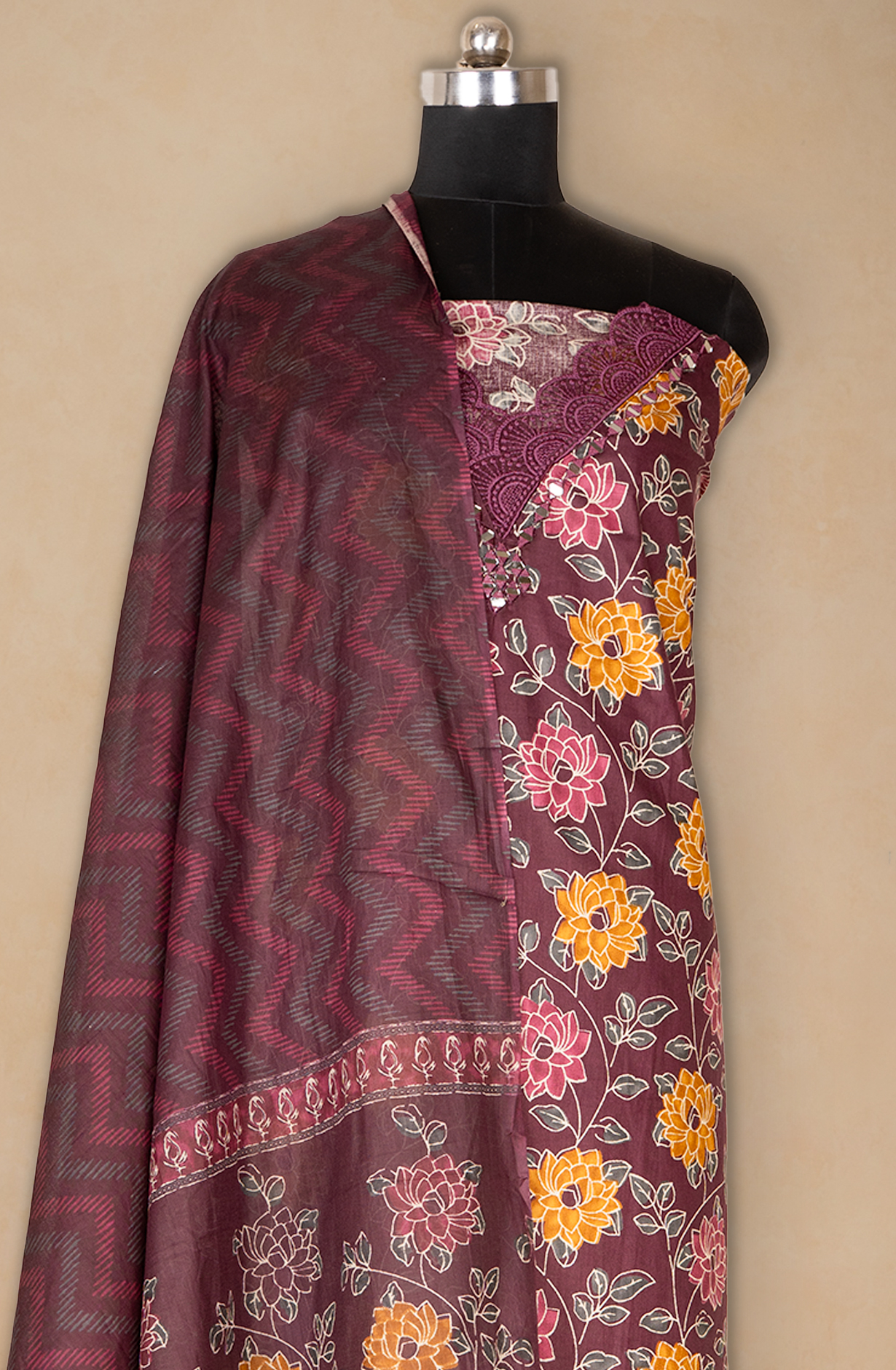 Wine Cotton Printed Suit with Dupatta - 983-5052-5A