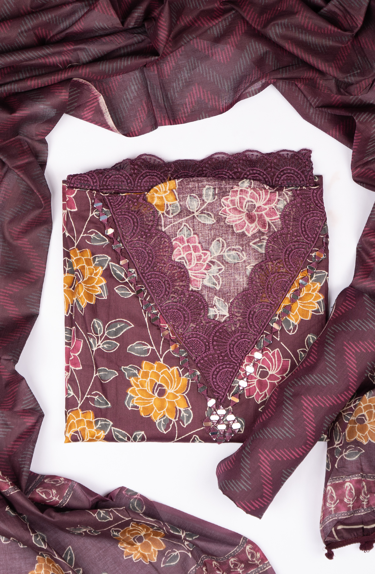 Wine Cotton Printed Suit with Dupatta - 983-5052-5A