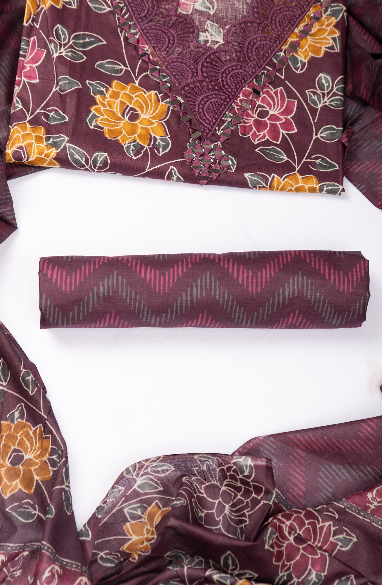 Wine Cotton Printed Suit with Dupatta - 983-5052-5A