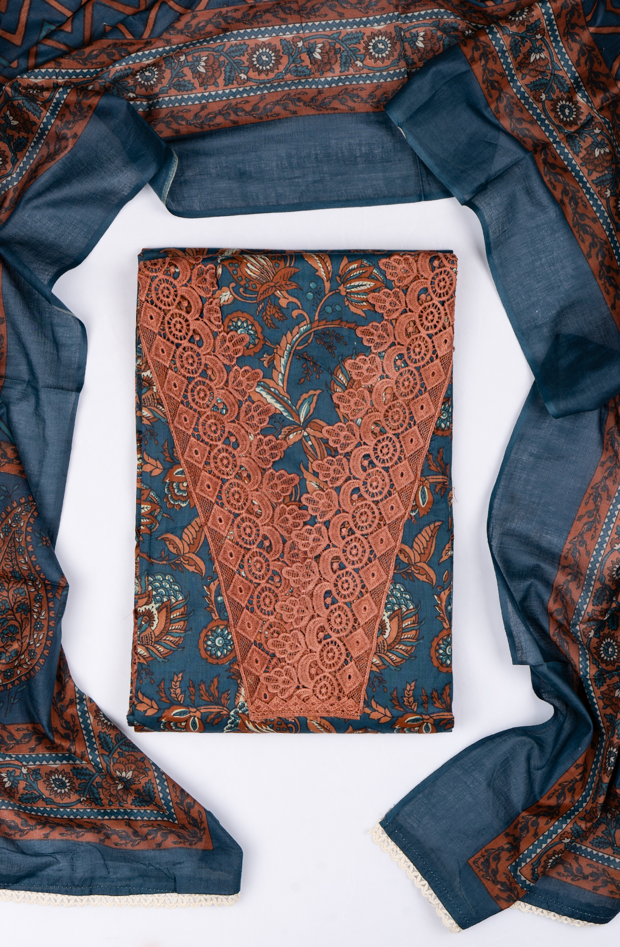 Blue Cotton Printed Suit- Set with Cotton Dupatta - 983-5052-6C