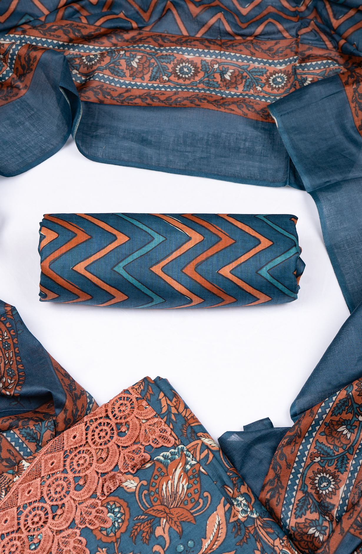 Blue Cotton Printed Suit- Set with Cotton Dupatta - 983-5052-6C