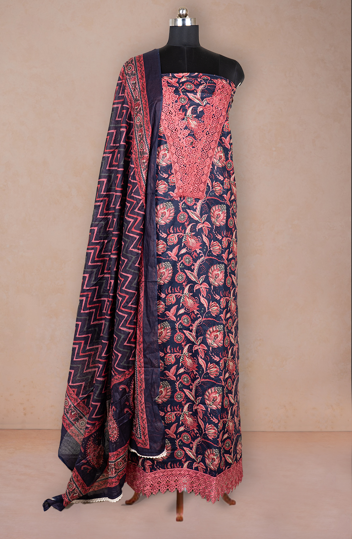 Navy Blue Cotton Printed Suit- Set with Cotton Dupatta - 983-5052-6D