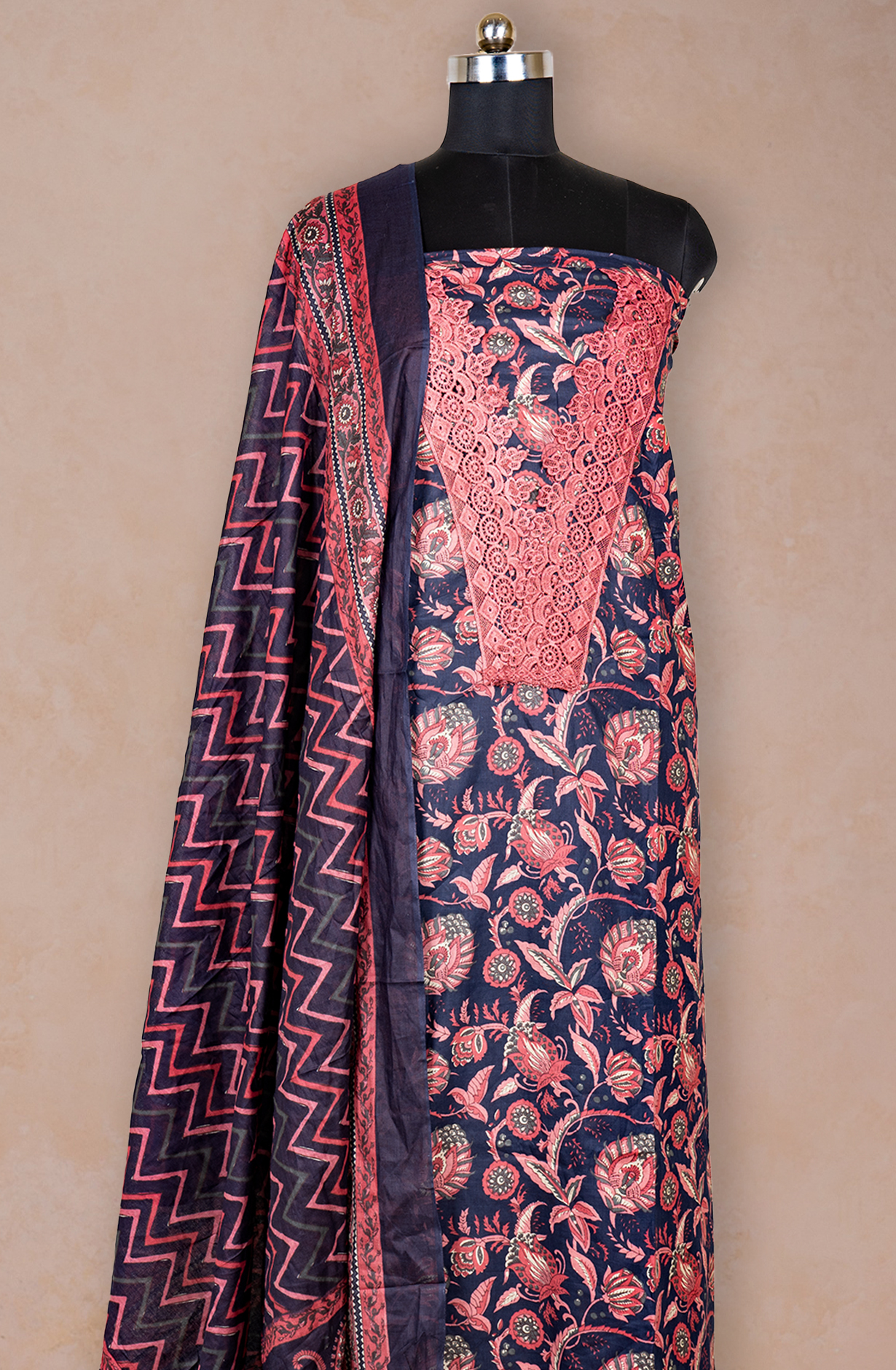 Navy Blue Cotton Printed Suit- Set with Cotton Dupatta - 983-5052-6D