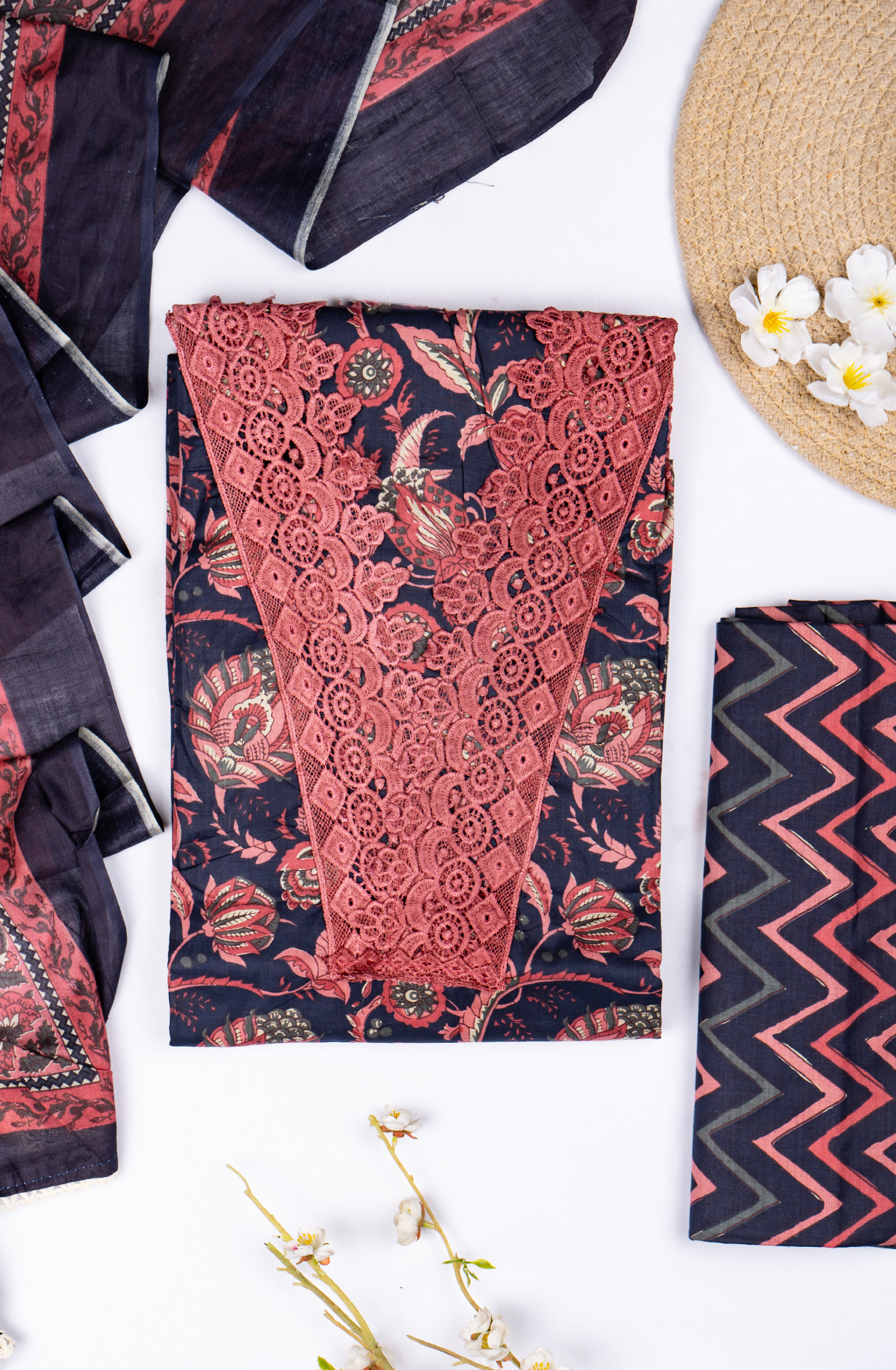 Navy Blue Cotton Printed Suit- Set with Cotton Dupatta - 983-5052-6D