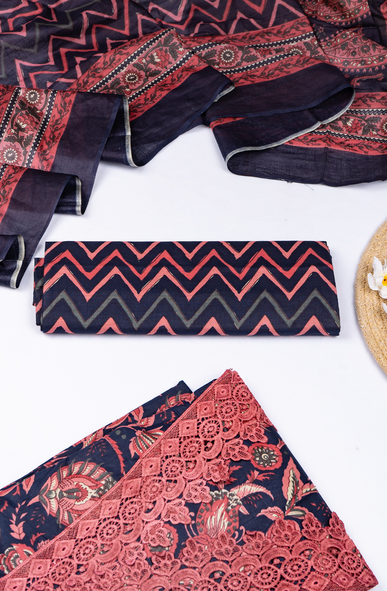 Navy Blue Cotton Printed Suit- Set with Cotton Dupatta - 983-5052-6D