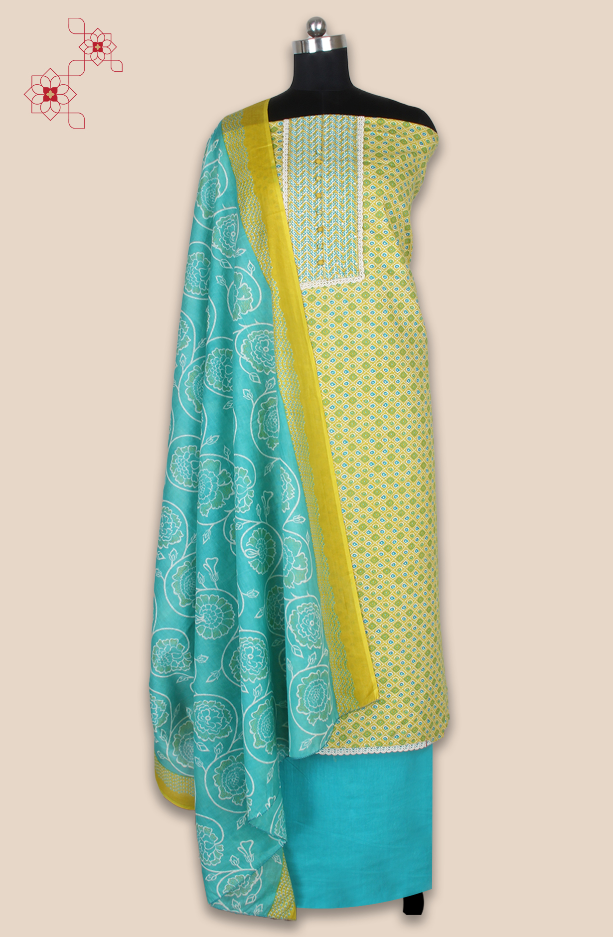 Mehndi Green Cotton Printed Salwar Suit Fabric with Lace Work - 983-5061B