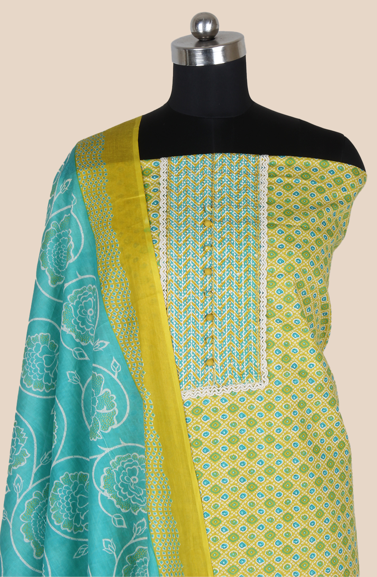 Mehndi Green Cotton Printed Salwar Suit Fabric with Lace Work - 983-5061B