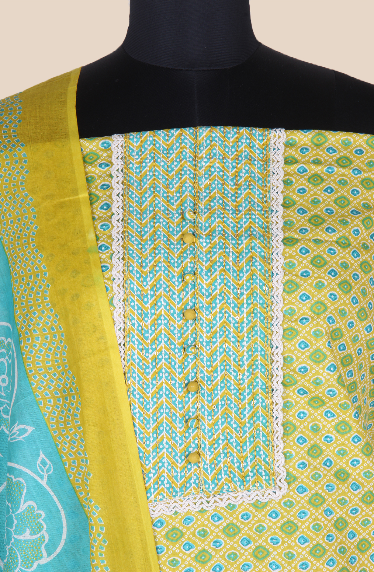 Mehndi Green Cotton Printed Salwar Suit Fabric with Lace Work - 983-5061B