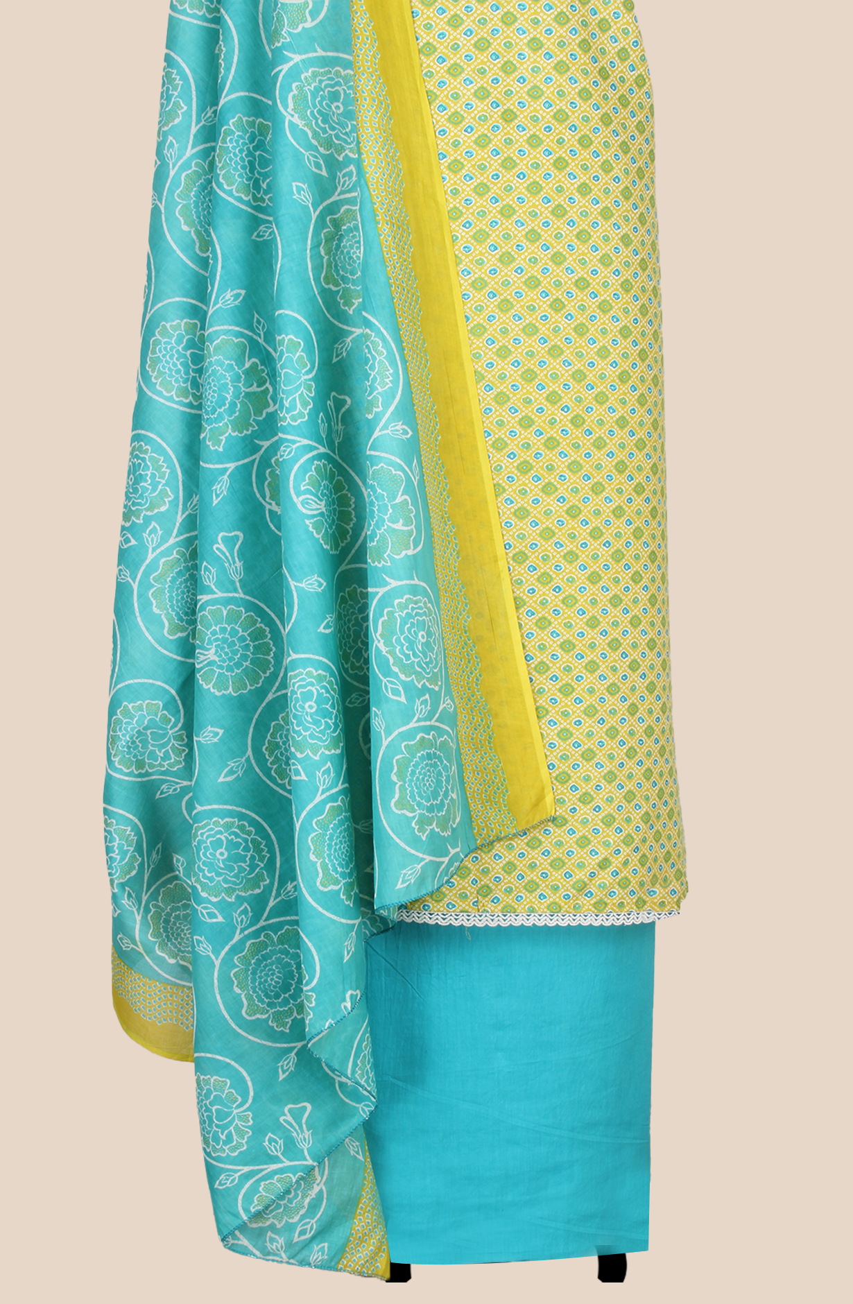 Mehndi Green Cotton Printed Salwar Suit Fabric with Lace Work - 983-5061B