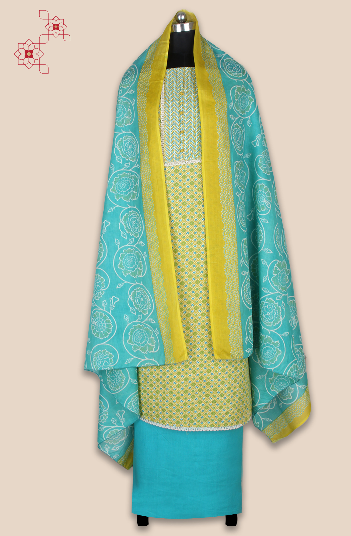 Mehndi Green Cotton Printed Salwar Suit Fabric with Lace Work - 983-5061B
